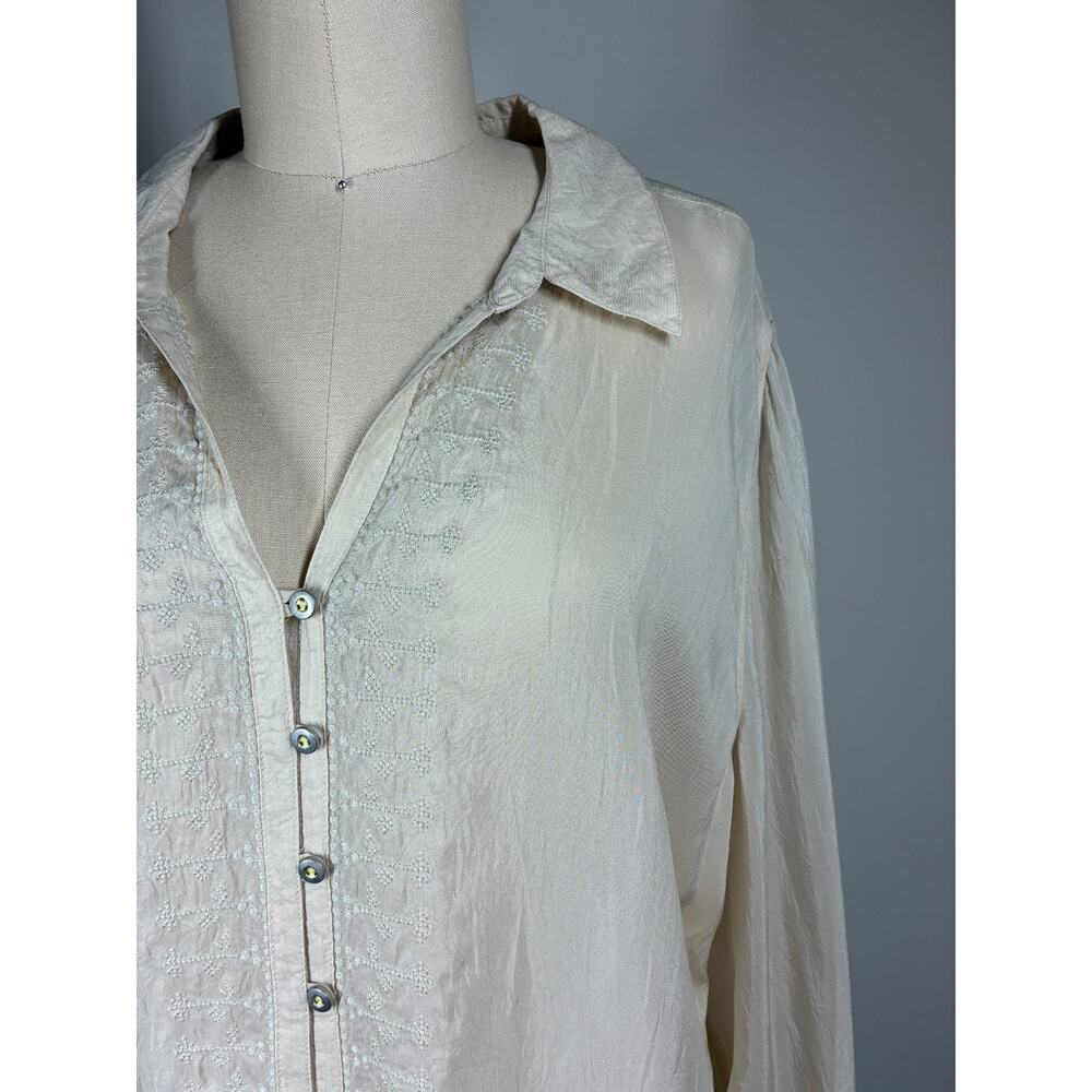 J Jill Uncommon Threads Semi Sheer Crinkled Blouse Tunic Top Large Beige Fairy - Picture 3 of 16